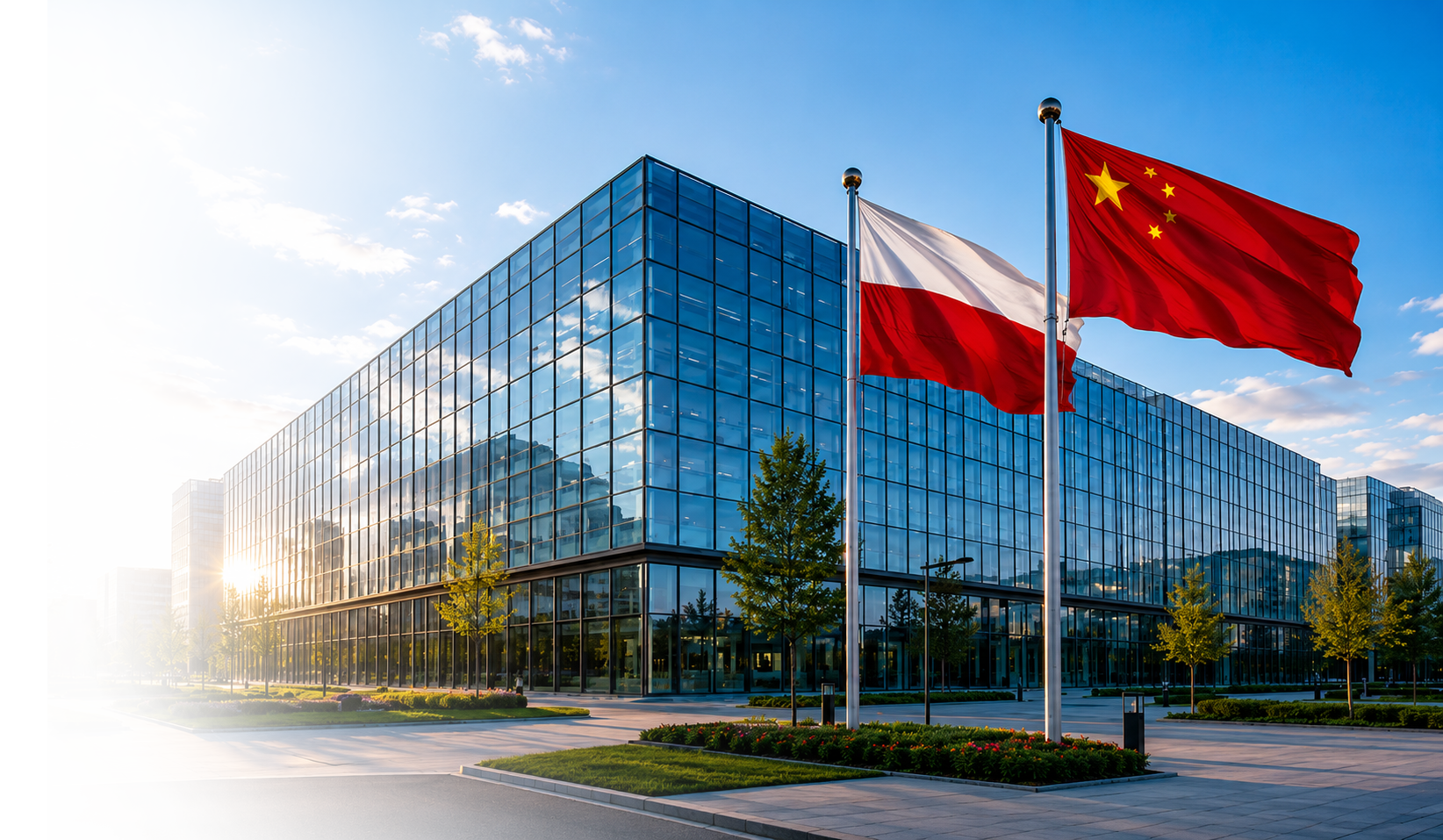 波兰与中国国旗前的现代办公大楼